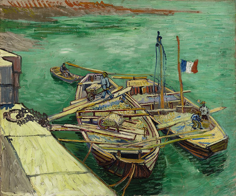 Foto 1 - Cais com Homens Descarregando Barcaças de Areia Barcos Pintura de Vincent van Gogh em TELA