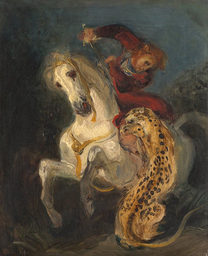 Foto 1 - Cavaleiro em seu Cavalo Branco Atacado por um Jaguar 1855 Pintura de Eugène Delacroix em TELA 