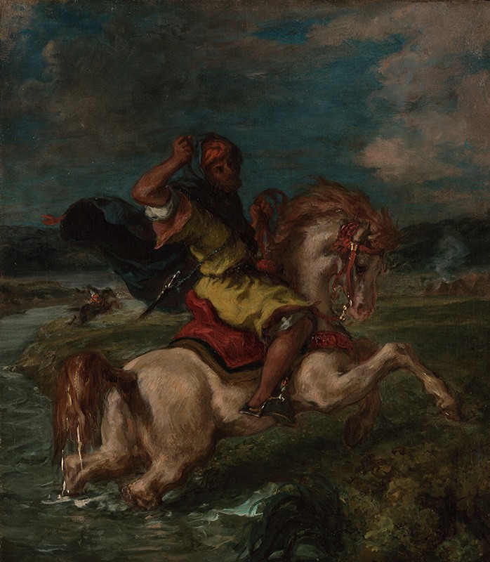 Foto 1 - Cavaleiro Marroquino com seu Cavalo Atravessando um Vau de Rio Árabe Oriente 1850 Pintura de Eugène Delacroix em TELA 