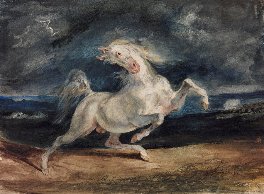 Foto 1 - Cavalo Assustado por uma Tempestade de Raios e Trovões Pintura de Eugène Delacroix em TELA 