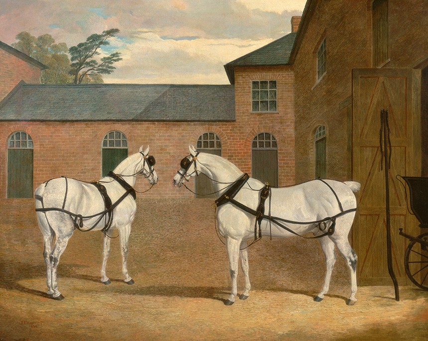 Foto 1 - Cavalos de Carruagem Cinza no Estaleiro  Inglaterra Pintura de John Frederick Herring em TELA