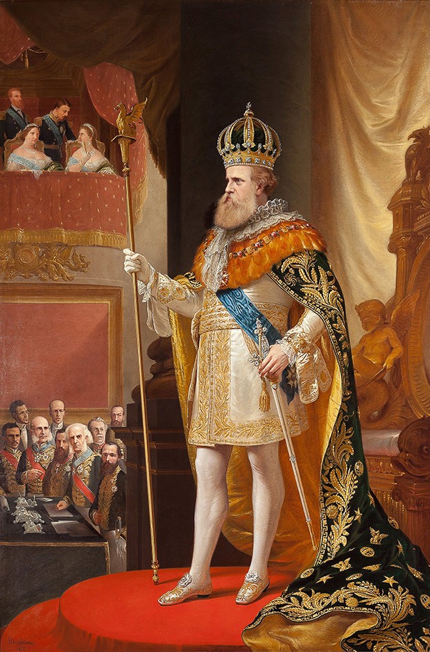 Foto 1 - D. Pedro II na Abertura da Assembléia Geral Imperador Brasil Traje Magestático Completo Coroa e Cetro Pintura de Pedro Américo em TELA