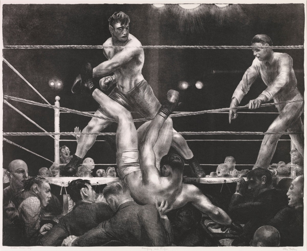 Foto 1 - Dempsey e Firpo 1923 Famosos Pugilistas Luta de Boxe Lutador Fora do Ringue Juiz Esporte Pintura de George Bellows em TELA 