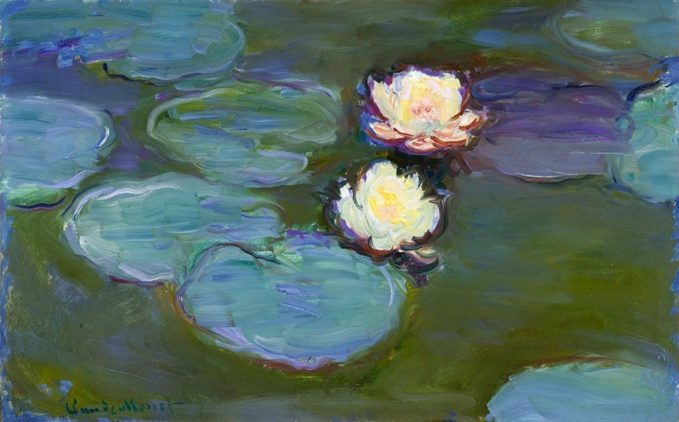 Foto 1 - Dois Lírios d'água Flores Impressionismo Pintura de Claude Monet em TELA