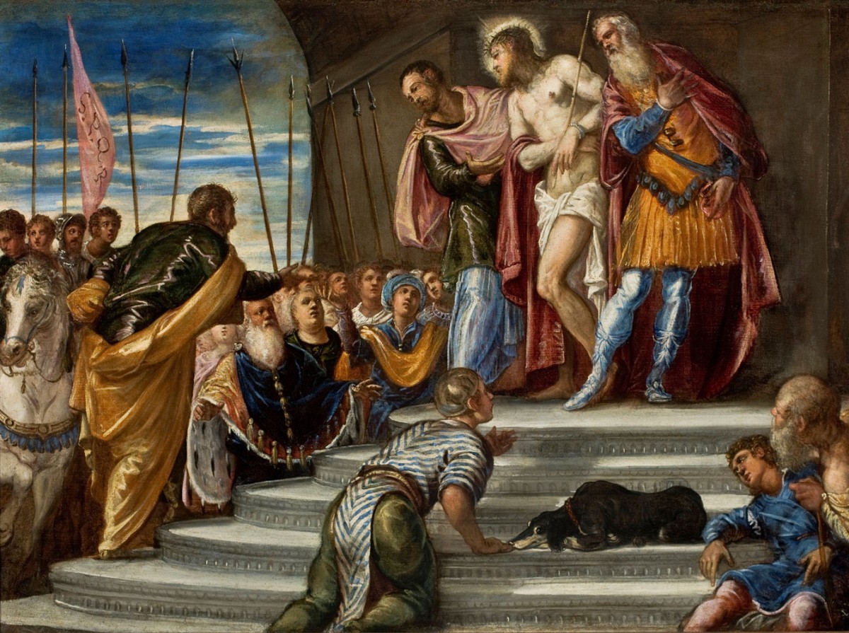 Foto 1 - Ecce Homo Eis o Homem Pôncio Pilatos apresentando Jesus Cristo à Multidão Episódio Bíblico Pintura de Tintoretto em TELA 