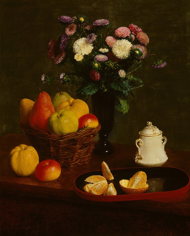Foto 1 - Elegante Mesa com Vaso de Flores Recém Colhidas e Frutas Frescas 1866 Pintura de Henri Fantin-Latour em TELA 