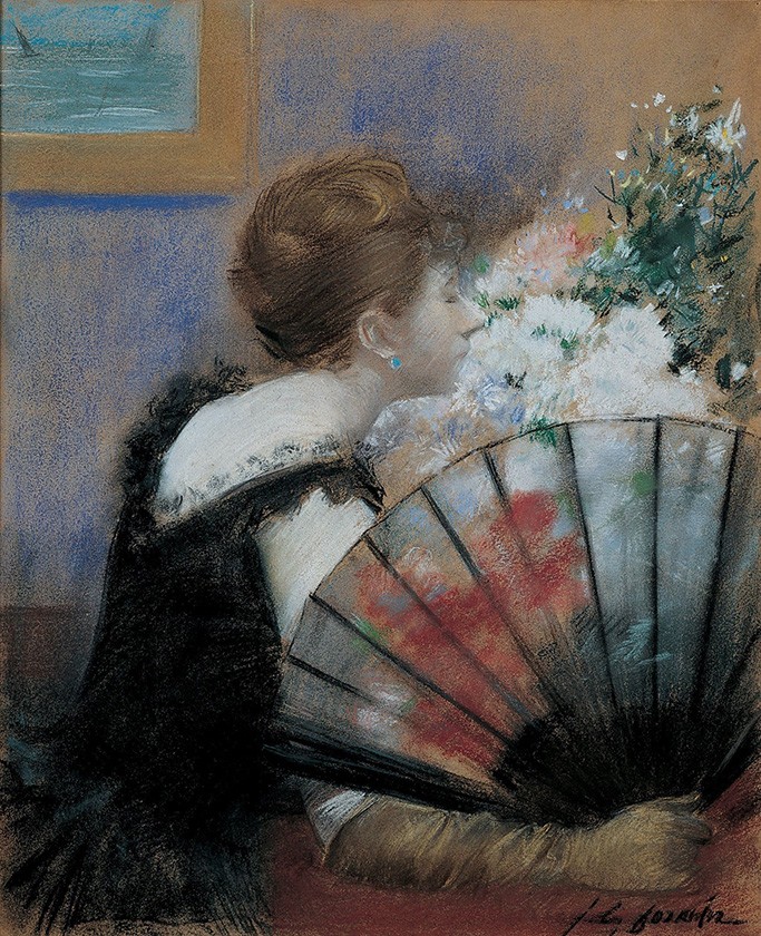 Foto 1 - Elegante Mulher Cheirando Flores Pintura de Jean-Louis Forain em TELA 