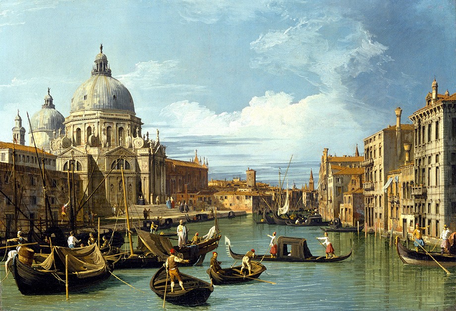 Foto 1 - Entrada para o Grande Canal Barcos Gôndolas Veneza Itália Pintura de Canaletto em TELA 