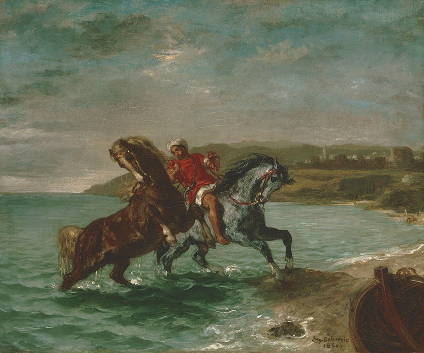 Foto 1 - Esplêndidos Cavalos Saindo do Banho de Mar Árabe Oriente 1860 Pintura de Eugène Delacroix em TELA 