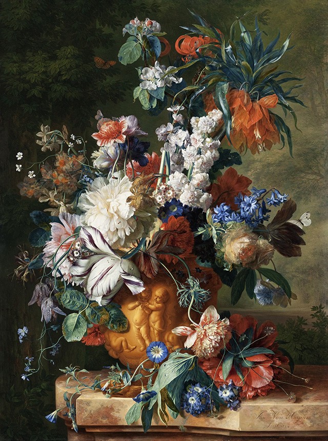 Foto 1 - Exuberante Buquê de Flores em um Vaso de Barro Pintura de Jan van Huysum em TELA 