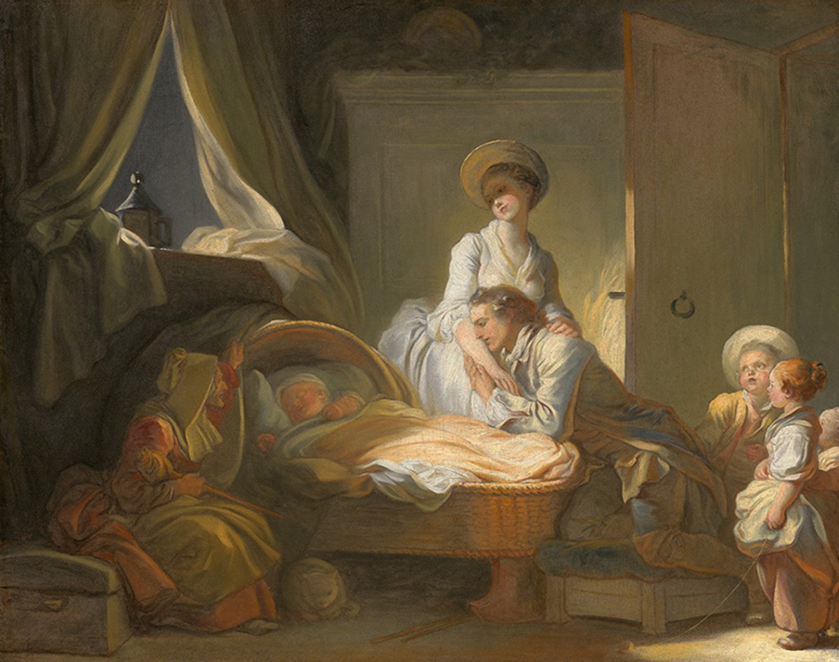 Foto 1 - Família Casal Jovem Admirando Bebê Adormecido Filhos Crianças 1775 Pintura de Jean-Honoré Fragonard em TELA 