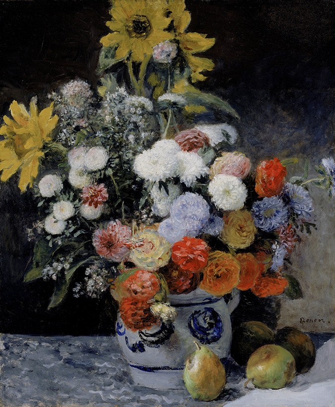 Foto 1 - Flores Mistas em um Pote de Barro Dálias Ásteres Girassóis Pintura de Pierre Auguste Renoir em TELA