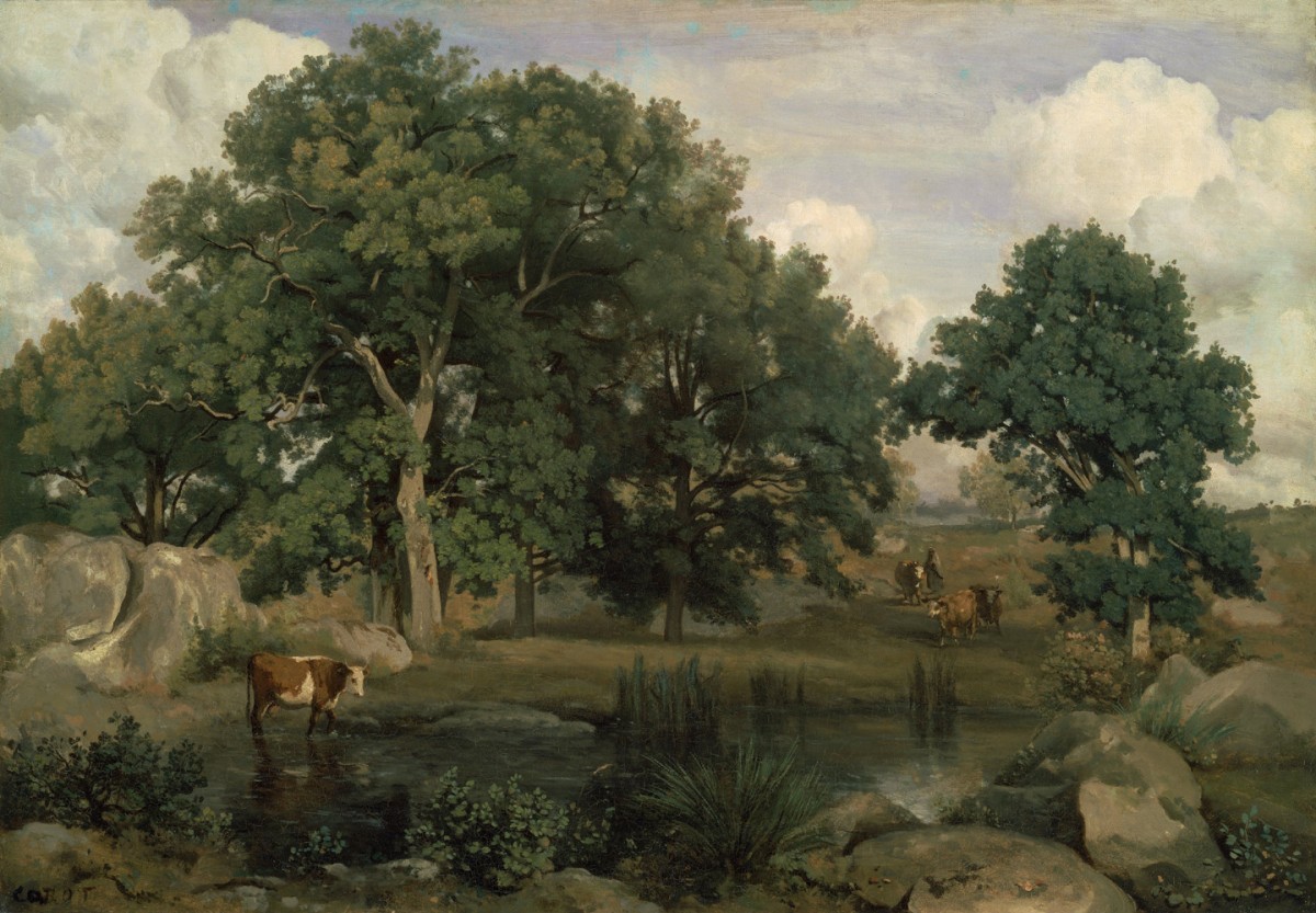 Foto 1 - Floresta de Fontainebleau Gado indo Lagoa tomar Água Paisagem 1846 França Pintura de Camille Corot em TELA 