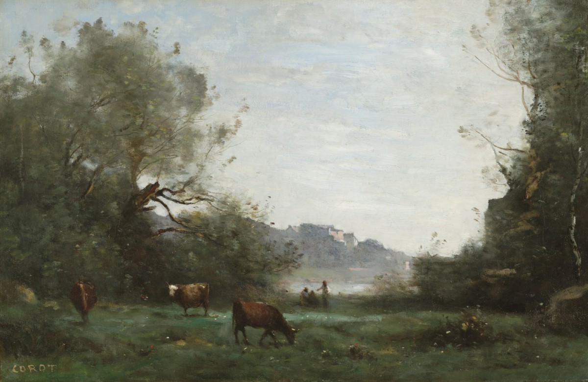 Foto 1 - Gado no Pasto em Vale Arborizado Cena Bucólica Vida no Campo Paisagem 1865 França Pintura de Camille Corot em TELA 