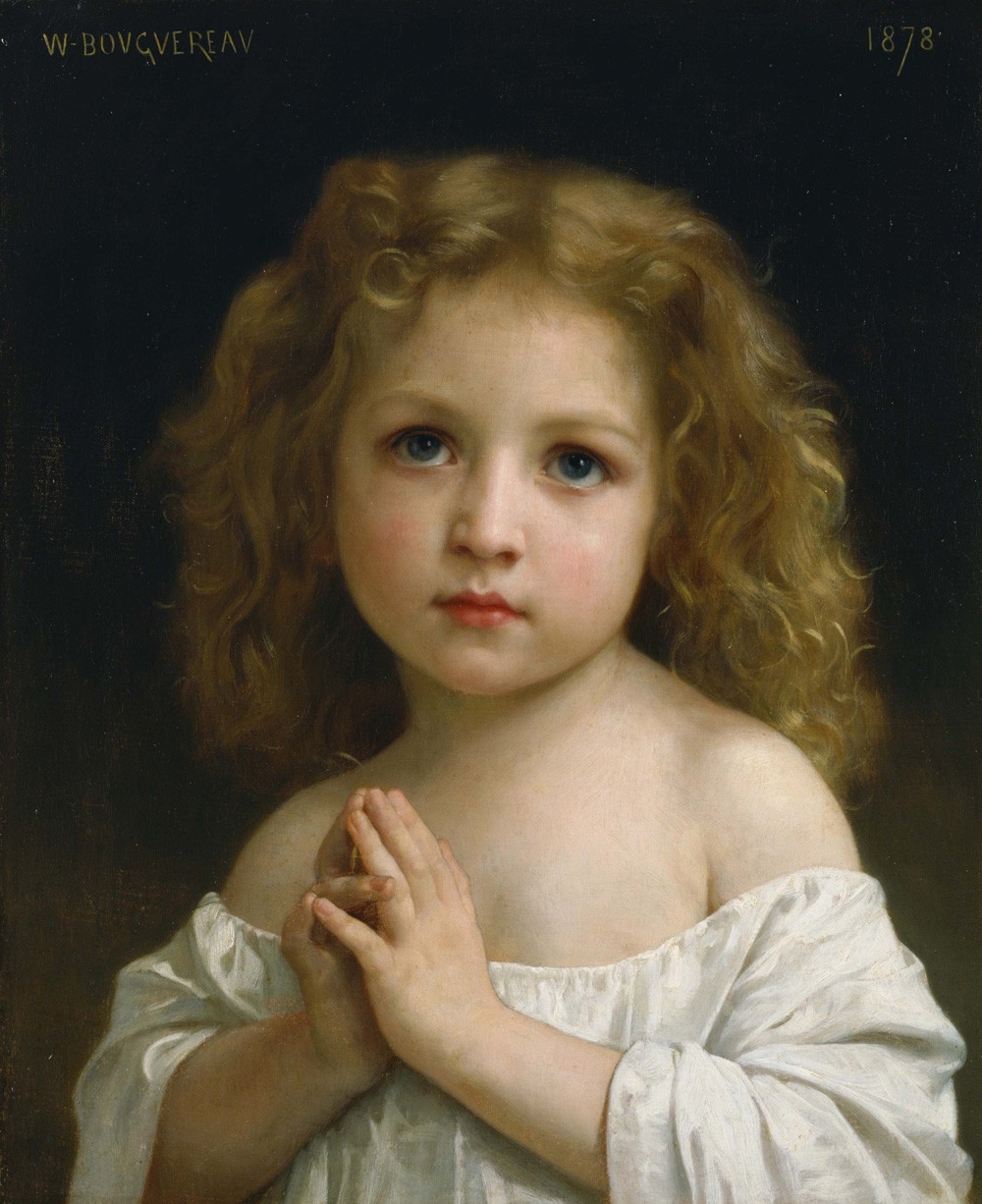 Foto 1 - Garotinha Orando Pequena Menina Cabelos Dourados Cacheados Pintura de William Adolphe Bouguereau em TELA