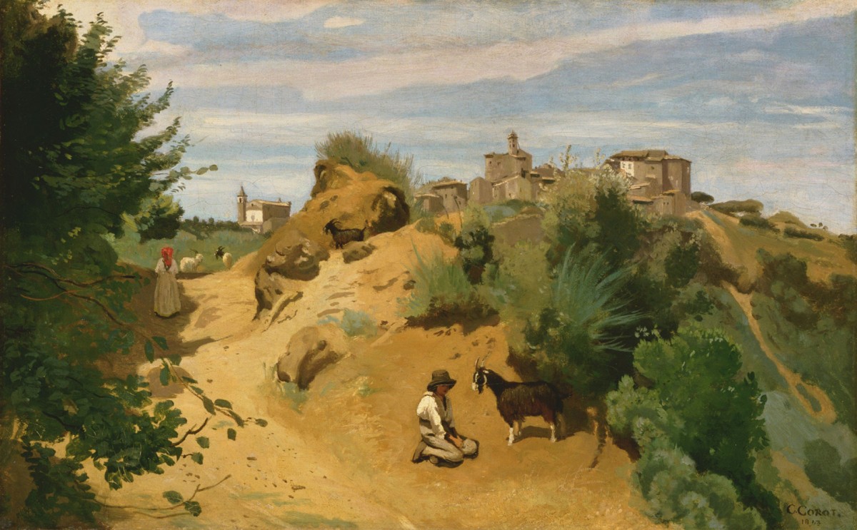 Foto 1 - Genzano Vila Italiana Cabras Paisagem Rural 1843 Itália Pintura de Camille Corot em TELA 