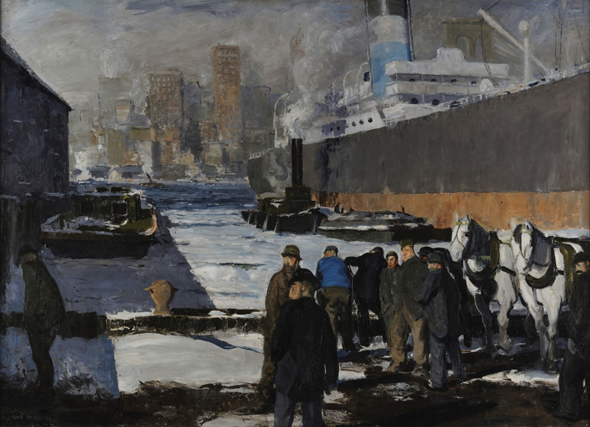 Foto 1 - Homens das Docas Porto de Nova York Navio Trabalhadores Inverno Pintura de George Bellows em TELA 