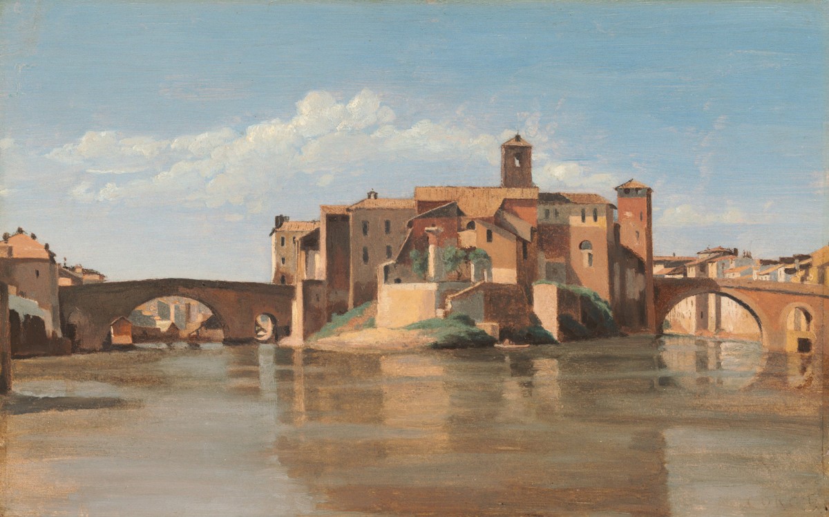Foto 1 - Ilha Tiberina e a Ponte São Bartolomeu em Roma Paisagem 1825 Itália Pintura de Camille Corot em TELA 