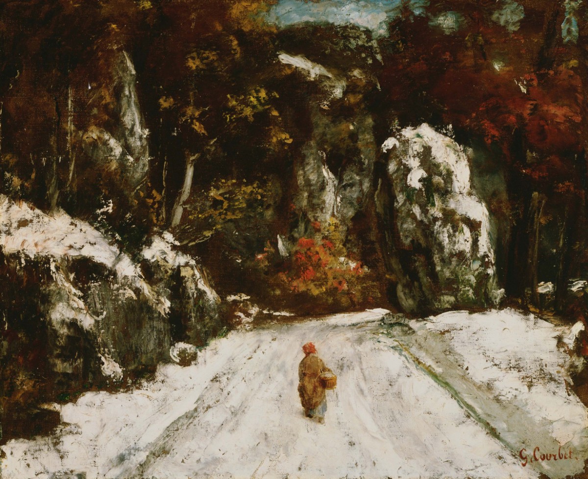 Foto 1 - Inverno nas Montanhas de Jura Mulher Caminhando em Estrada Coberta de Neve Fresca 1875 Pintura de Gustave Courbet em TELA