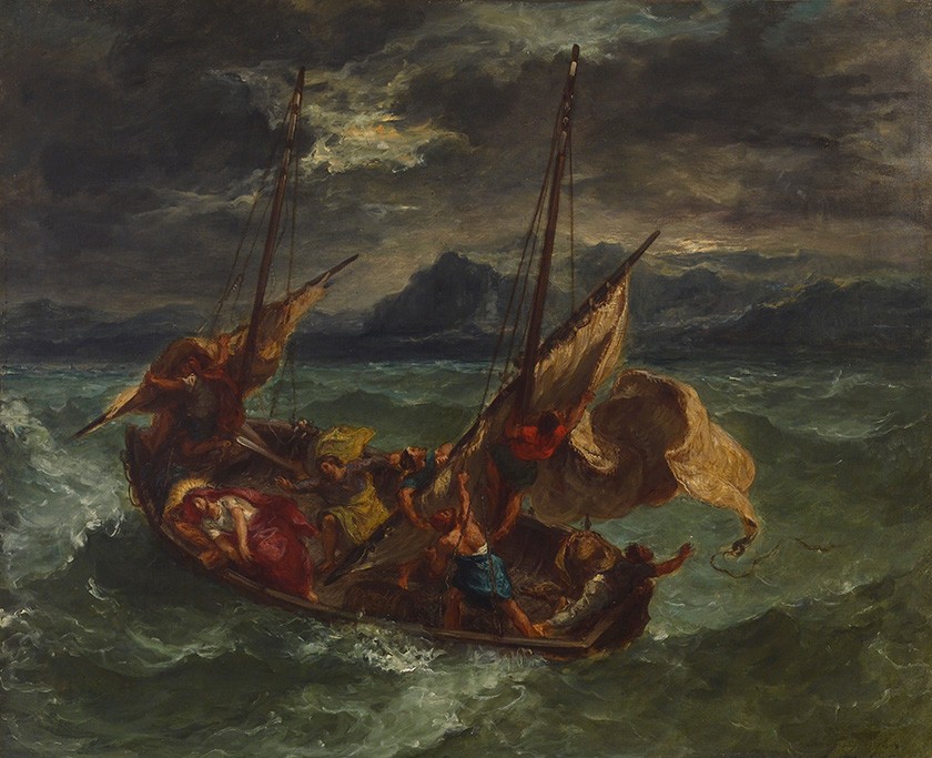 Foto 1 - Jesus Cristo no Mar da Galiléia com Discípulos em Barco à Vela Milagre Acalma Tempestade Pintura de Eugène Delacroix em TELA 