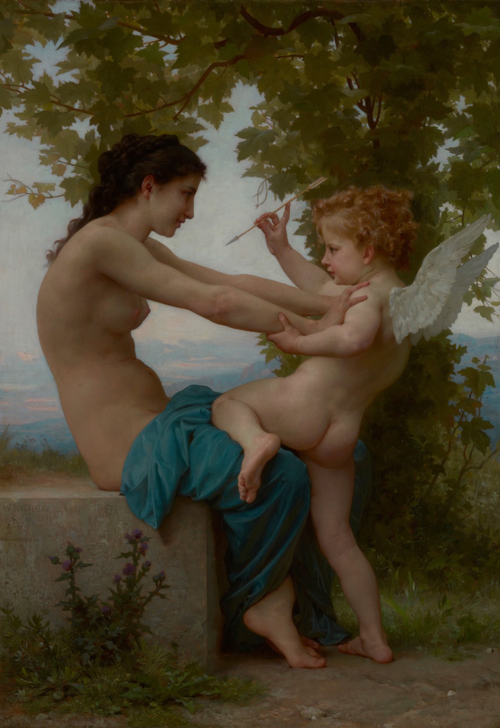 Foto 1 - Jovem Mulher Se Defendendo Contra Eros Deus do Amor Cupido Pintura de William Adolphe Bouguereau em TELA