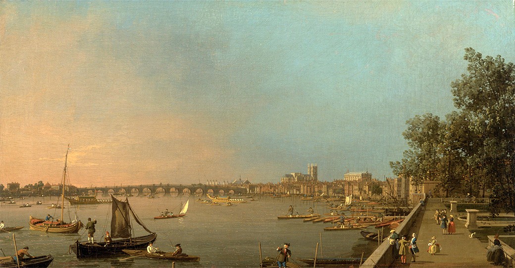 Foto 1 - Londres Rio Tâmisa visto do Terraço da Casa Somerset em direção à Abadia de Westminster Pintura de Canaletto em TELA 