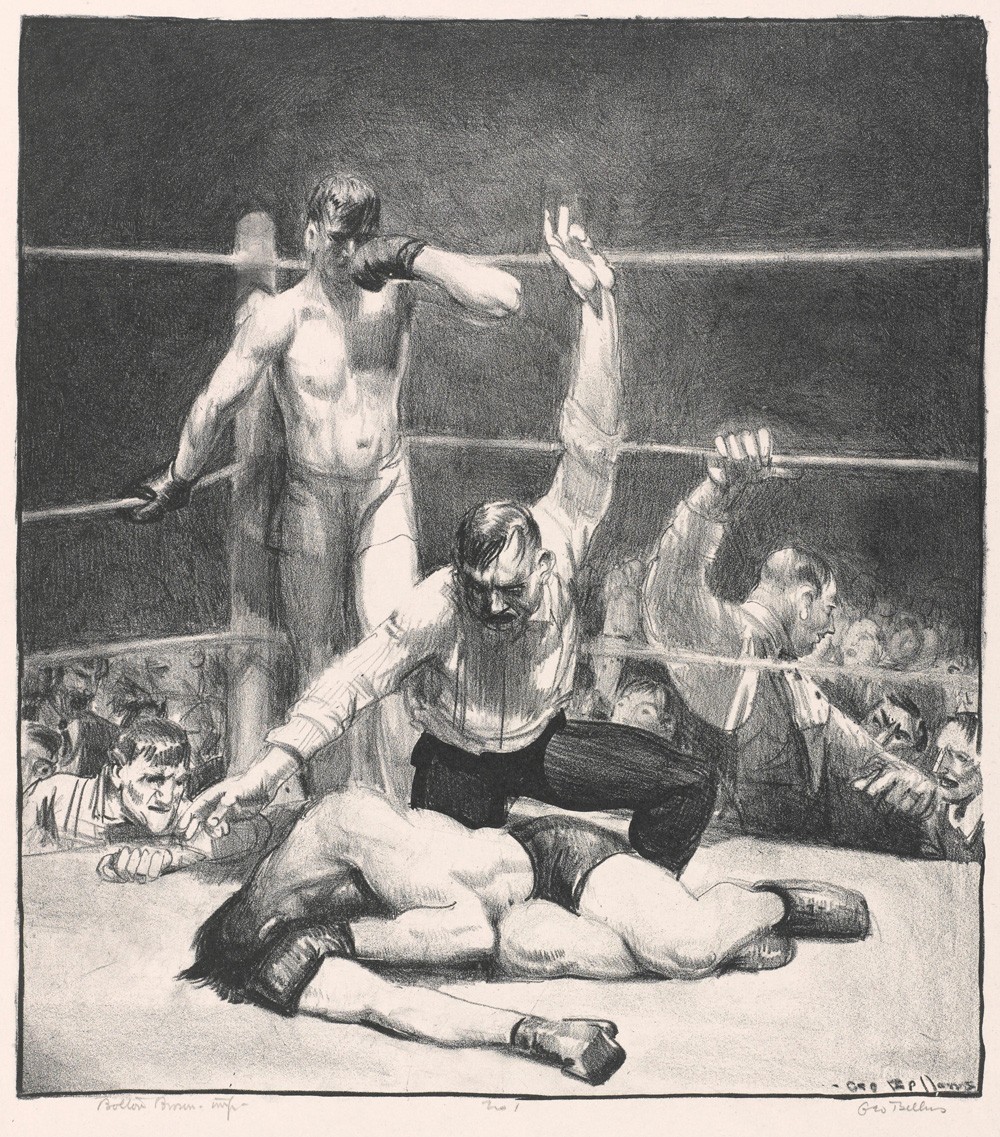 Foto 1 - Luta de Boxe Contagem Nocaute Pugilistas Ringue Esporte Pintura de George Bellows em TELA 