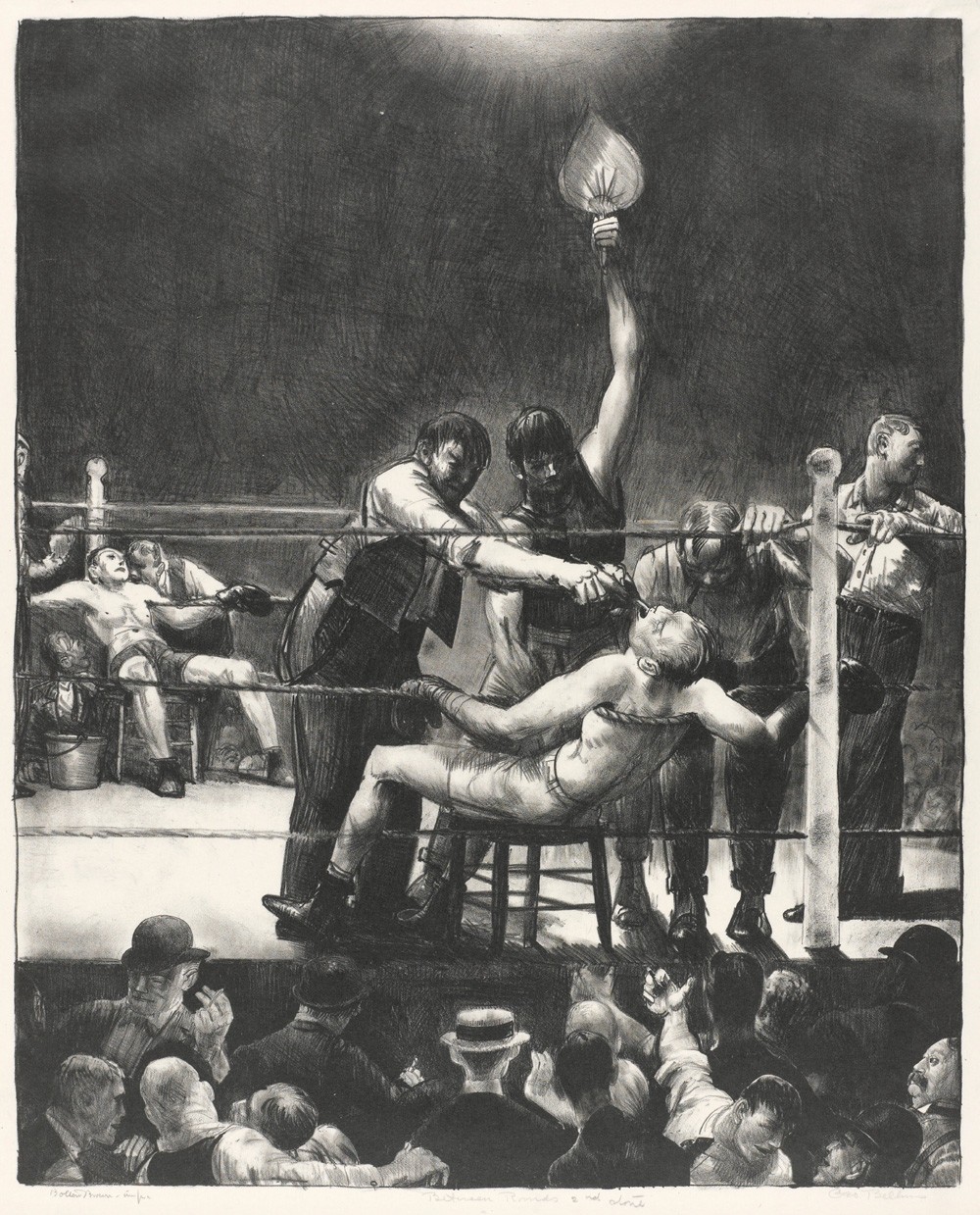 Foto 1 - Luta de Boxe Intervalo Assaltos Rounds Pugilistas Sentados no Canto do Ringue Esporte Pintura de George Bellows em TELA 