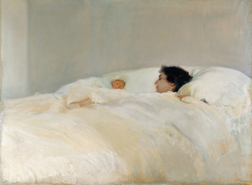 Foto 1 - Mãe e Bebê Recém Nascido Dormindo Envoltos em Roupa de Cama Branca Maternidade Pintura de Joaquín Sorolla em TELA 