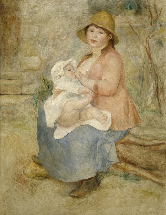 Foto 1 - Maternidade Mãe Amamentando o Bebê Segurando seu Pézinho Pintura de Pierre Auguste Renoir em TELA