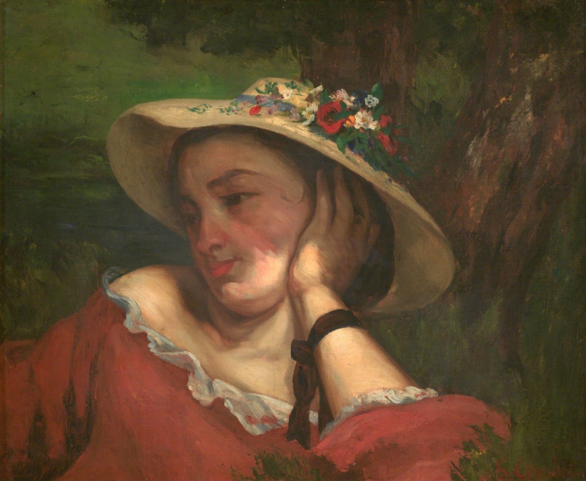 Foto 1 - Mulher com Chapéu de Palha com Flores 1857 Pintura de Gustave Courbet em TELA 