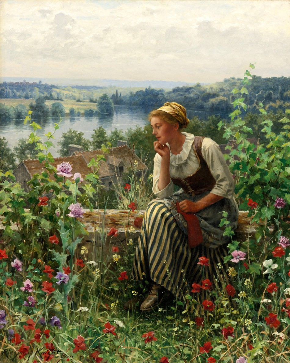Foto 1 - Mulher Pensando no Jardim Fazenda Campo Flores Rosas Pintura de Daniel Ridgway Knight em TELA