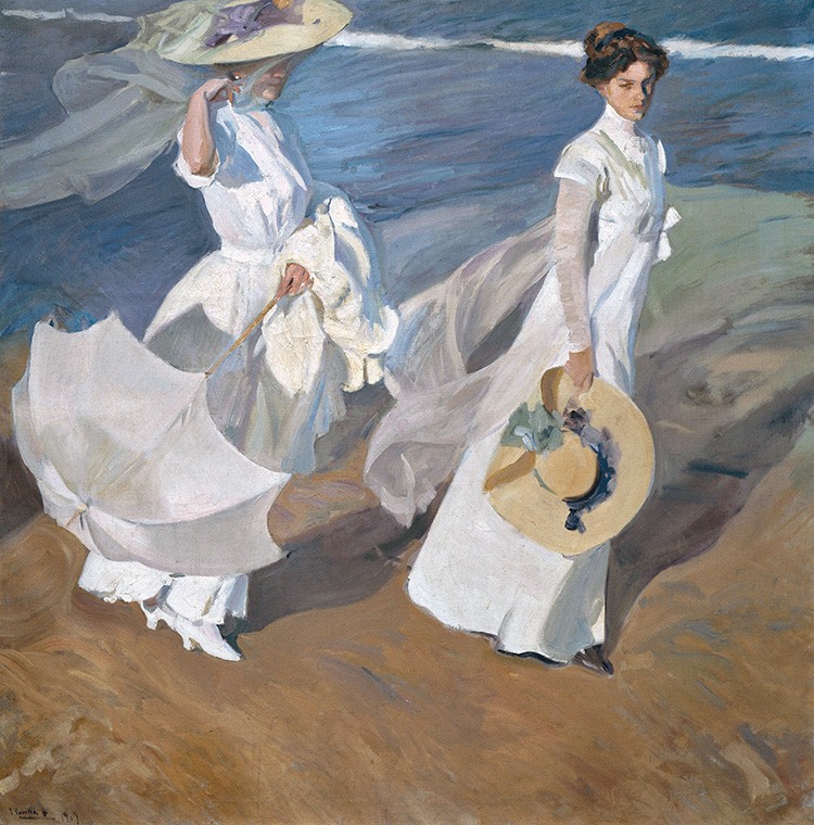 Foto 1 - Mulheres Caminhando na Praia Grandes Chapéus Moda Elegante Vento Espanha Pintura de Joaquín Sorolla em TELA 