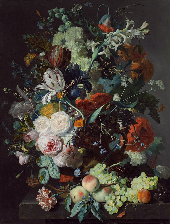 Foto 1 - Natureza Morta com Flores e Frutas Uva Pêssego Pintura de Jan van Huysum em TELA 