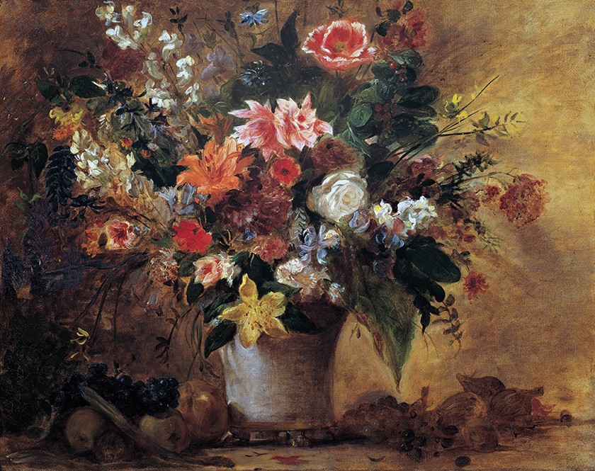 Foto 1 - Natureza Morta Vaso de Flores Variadas Frutas 1834 Pintura de Eugène Delacroix em TELA 