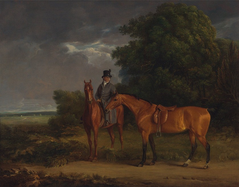 Foto 1 - Noivo Montado em um Cavalo Chestnut Hunter e Segurando outro pelas Rédeas Animais Equinos Pintura de Jacques-Laurent Agasse em TELA 