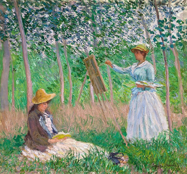 Foto 1 - Nos Bosques de Giverny: Blanche Hoschedé no Cavalete Pintando e Suzanne Hoschedé Lendo um Livro Pintura de Claude Monet em TELA