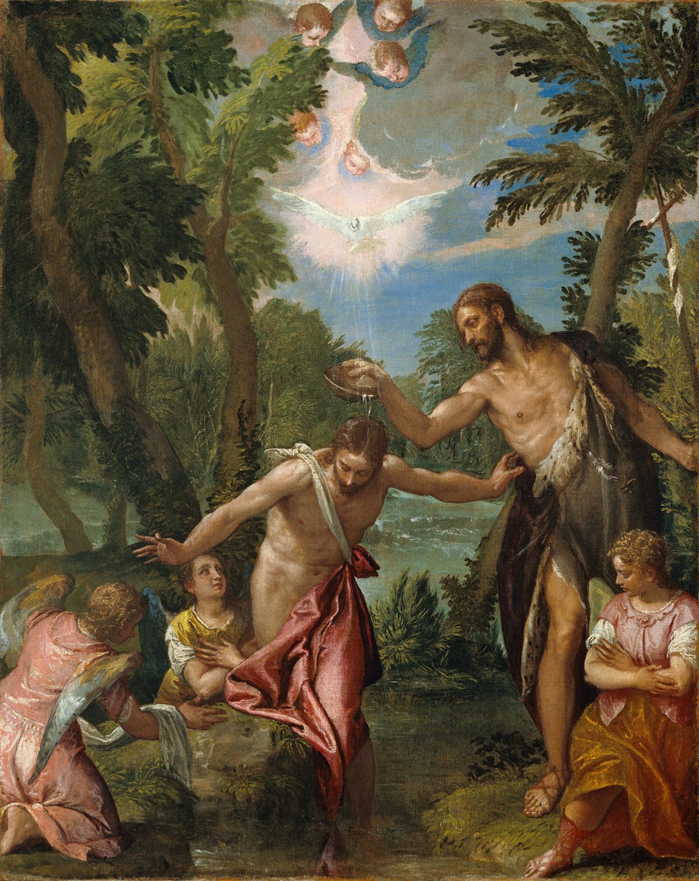 Foto 1 - O Batismo de Jesus Cristo Anjos Espírito Santo Episódio Bíblico Pintura de Paolo Veronese em TELA 