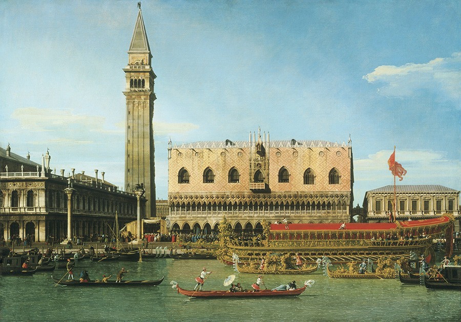 Foto 1 - O Bucintoro no Molo na Festa do Dia da Ascensão Barco Dourado Gôndolas Veneza Itália Pintura de Canaletto em TELA 