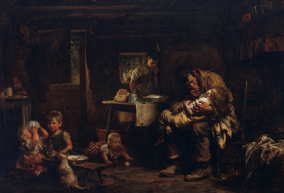 Foto 1 - O Viúvo Pai Trabalhador Filho Doente Cinco Crianças Pintura de Luke Fildes em TELA 