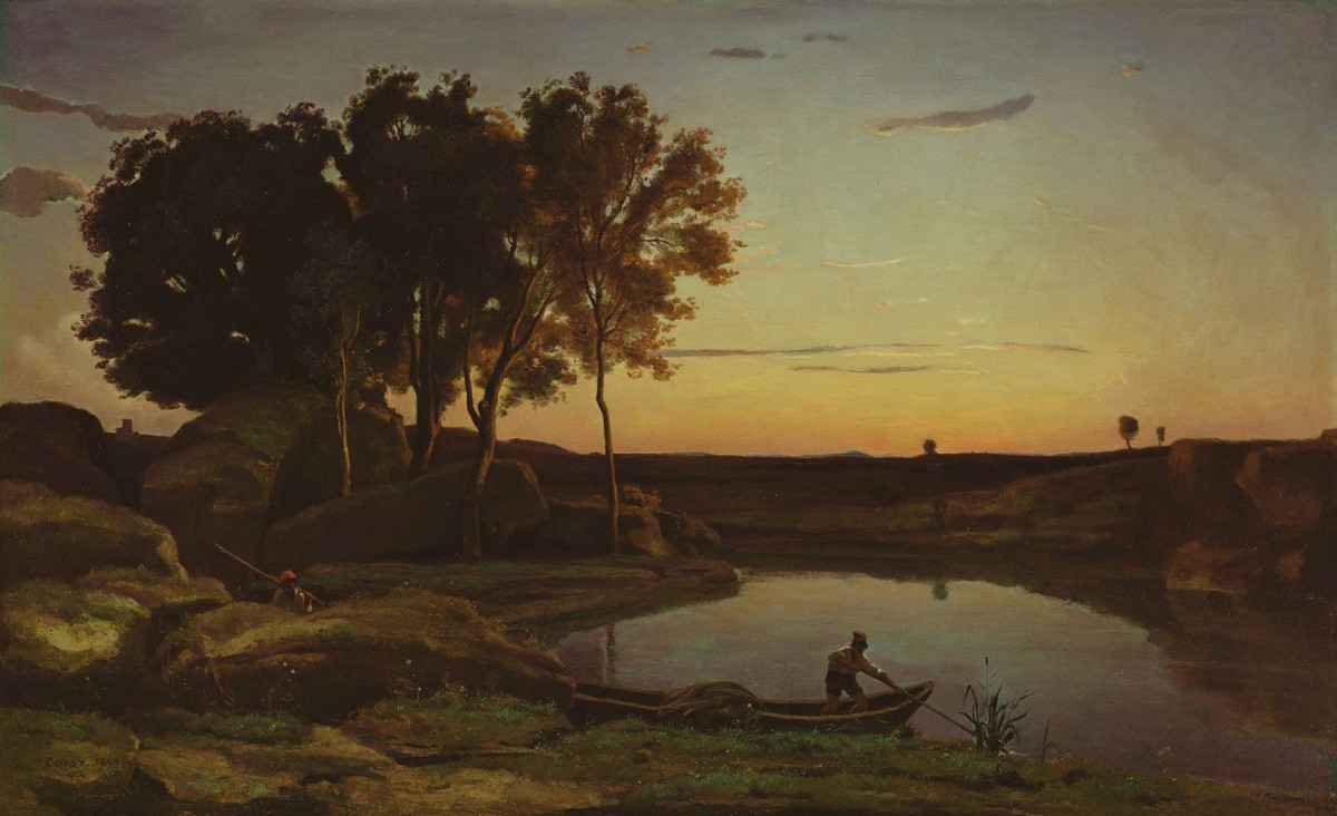 Foto 1 - Paisagem Italiana com Lago e Barqueiro Pôr do Sol Crepúsculo Vida Rural 1839 Itália Pintura de Camille Corot em TELA 