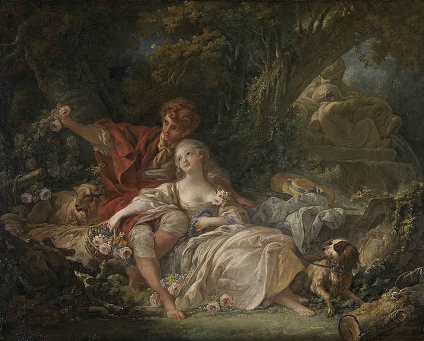 Foto 1 - Pastor e Pastora com Ovelha e Cachorro no Bosque Jovem Casal Enamorado Romance Campestre 1760 Pintura de François Boucher em TELA 