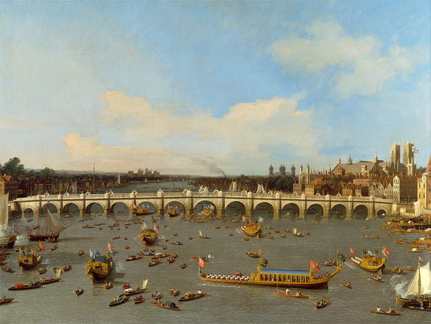 Foto 1 - Ponte de Westminster com a Procissão de Barcos do Lord Mayor de Londres no Rio Tâmisa Pintura de Canaletto em TELA 