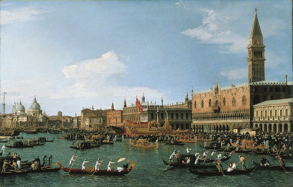 Foto 1 - Retorno do Bucintoro Barco Dourado na Festa do Dia da Ascensão Gôndolas Veneza Itália Pintura de Canaletto em TELA 