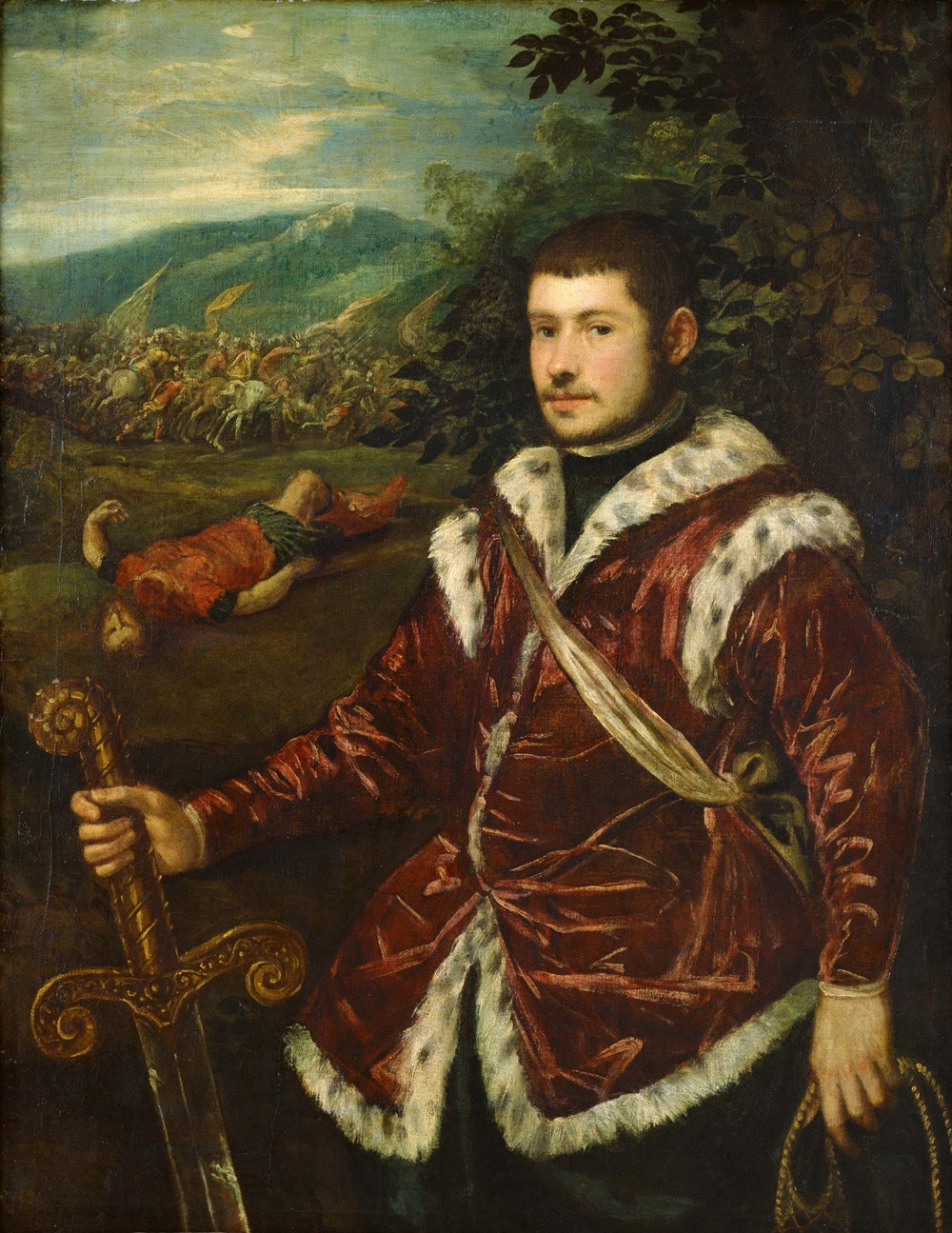Foto 1 - Retrato de um Jovem como David Herói Bíblico Gigante Golias Morto Pintura de Tintoretto em TELA 