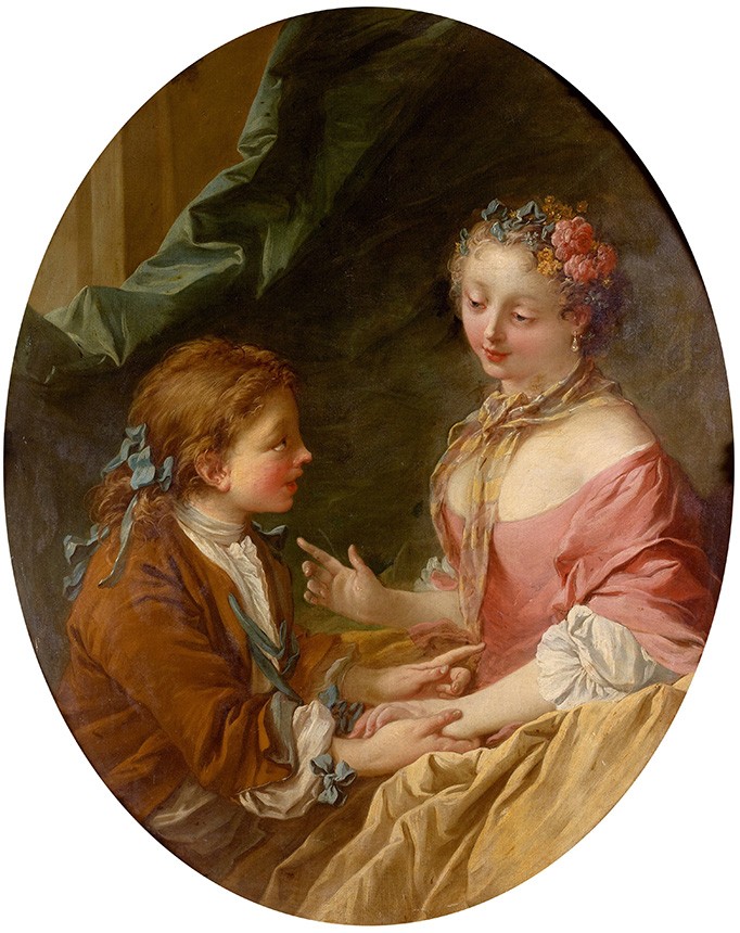 Foto 1 - Retrato Jovem Casal De três coisas Você Fará Uma? Brincadeira Jogo de Mãos Século XVIII França Pintura de François Boucher em TELA 