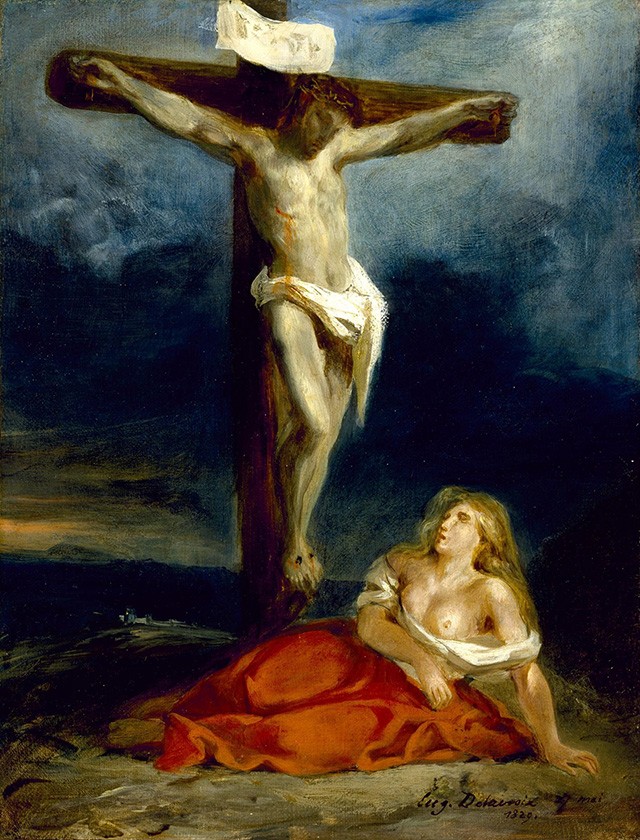 Foto 1 - Santa Maria Madalena ao Pé da Cruz Jesus Cristo Crucificado Pintura de Eugène Delacroix em TELA 