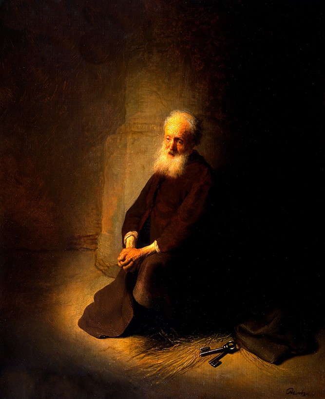 Foto 1 - São Pedro na Prisão O Apóstolo Ajoelhado Religião Pintura de Rembrandt em TELA