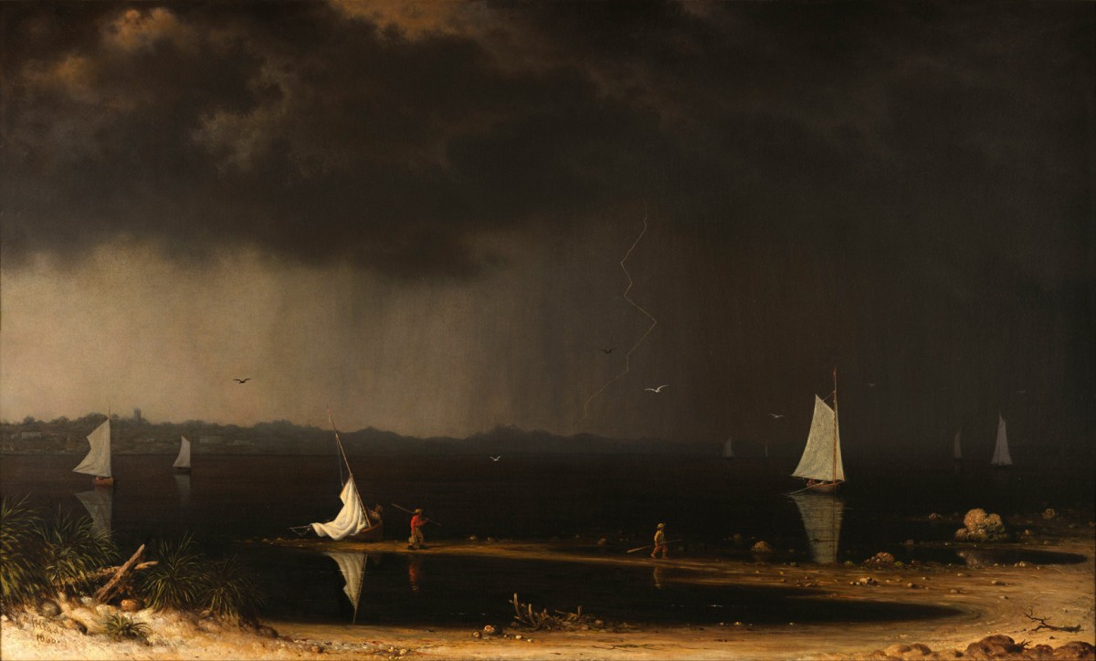 Foto 1 - Tempestade com Raio na Baía de Narragansett  Barcos à Vela Pescadores Voltando do Mar 1868 USA Pintura de Martin Johnson Heade em TELA