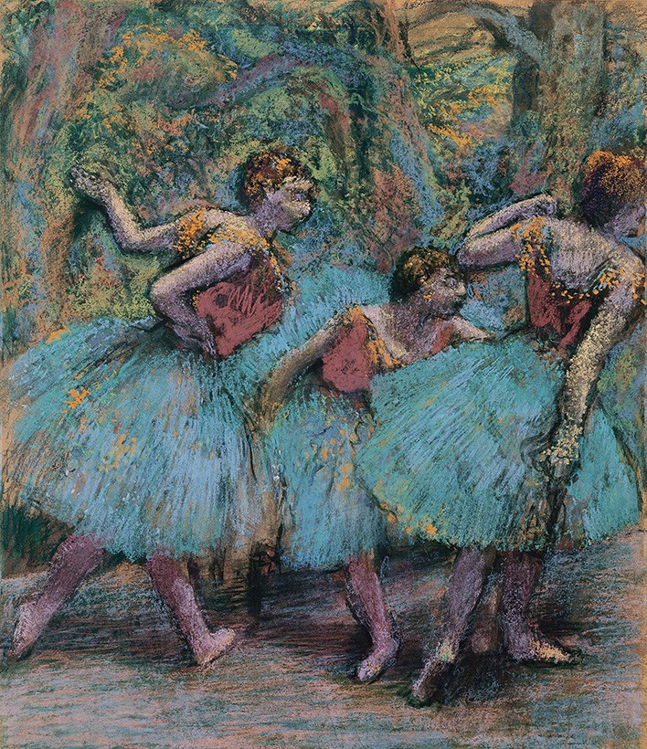 Foto 1 - Três Bailarinas Tutus Azuis Corpetes Vermelhos Balé Ballet Dança Pintura de Edgar Degas em TELA 